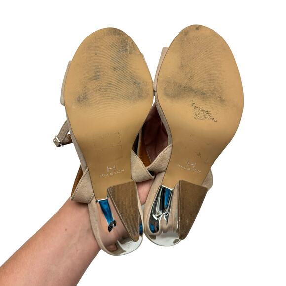 Halston Simi Blush Pink Kid Suede Leather Silver Metallic Block Heel Sandals - Picture 12 of 12